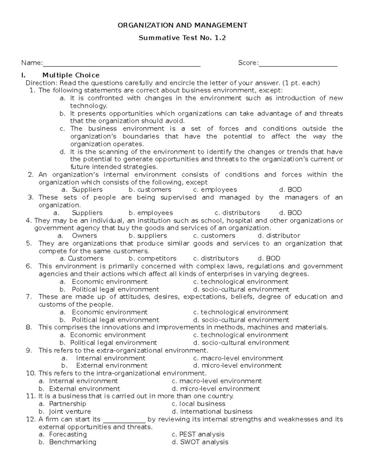 Organization and Management: 1st Summative Test for Quarter 1 - Studocu