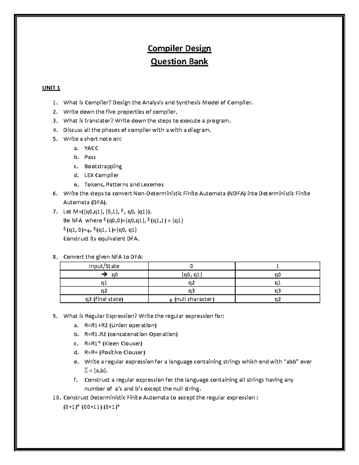 Compiler-Design-QB - Compiler Design Question Bank UNIT 1 What is ...