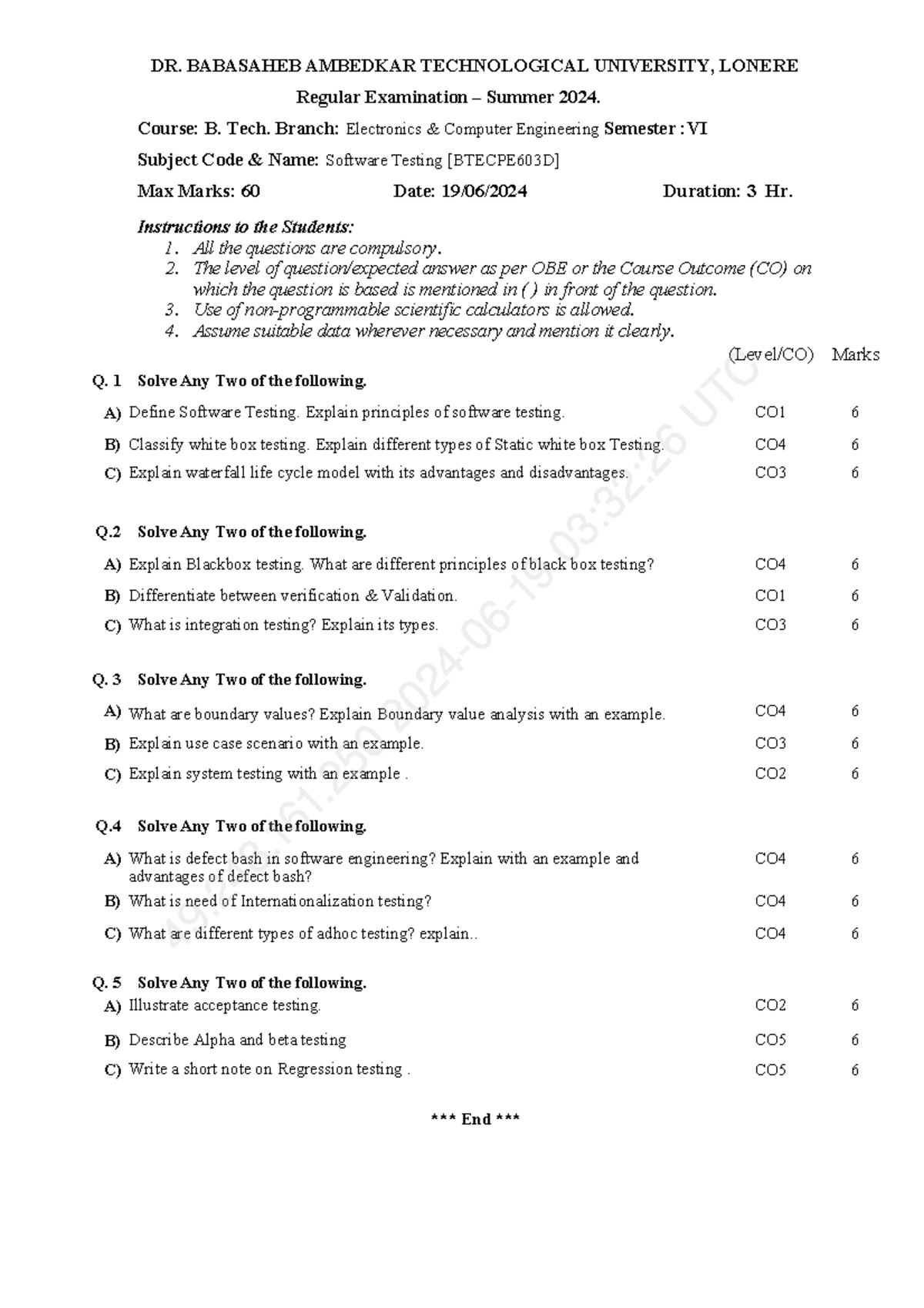Software Testing - PYQ for B. Tech ECE Sem VI Exam - Studocu