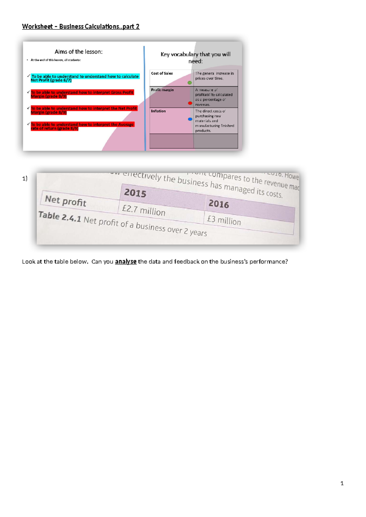 GCSE Business: Worksheet on Business Calculations Part 2 - Studocu