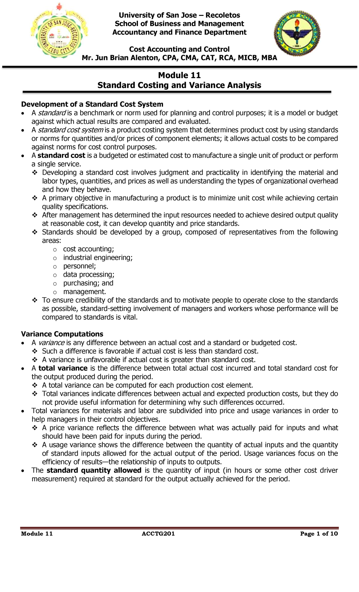 Module 11 ACCTG201: Standard Costing & Variance Analysis Notes - Studocu
