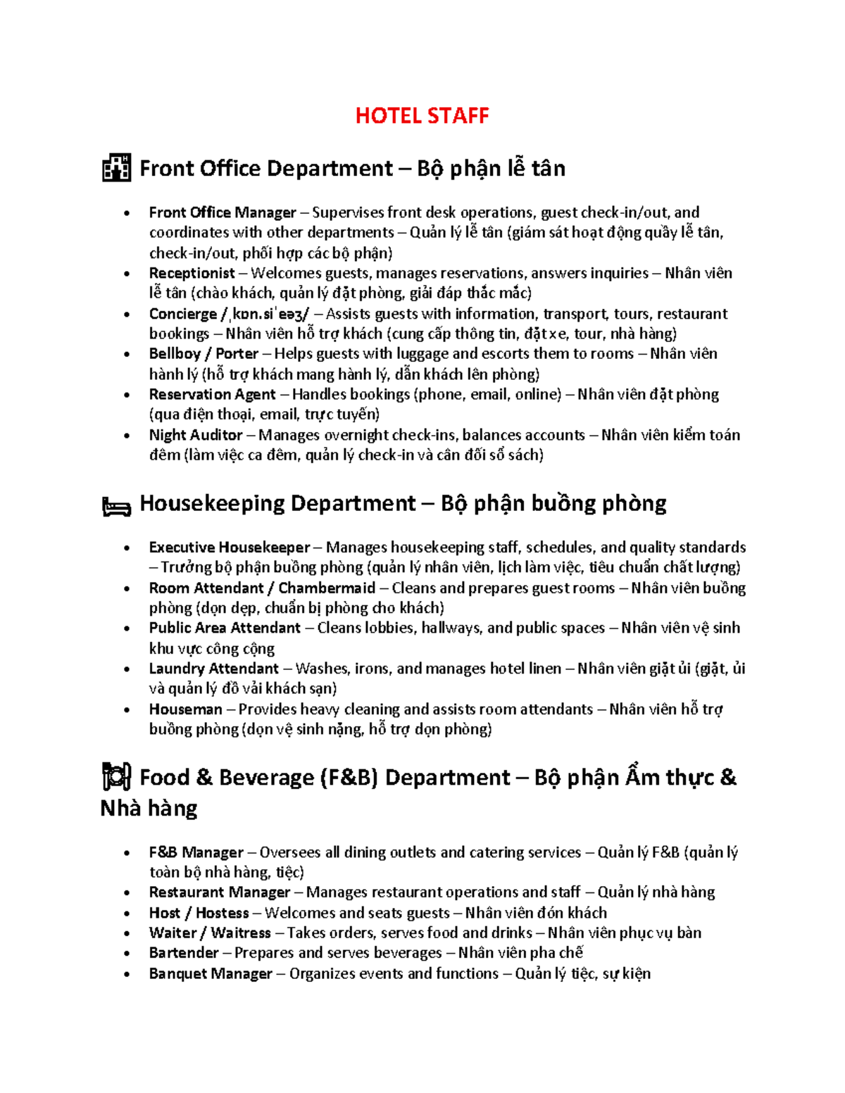 HOSPITALITY 101: Hotel Staff Roles & Responsibilities Guide - Studocu