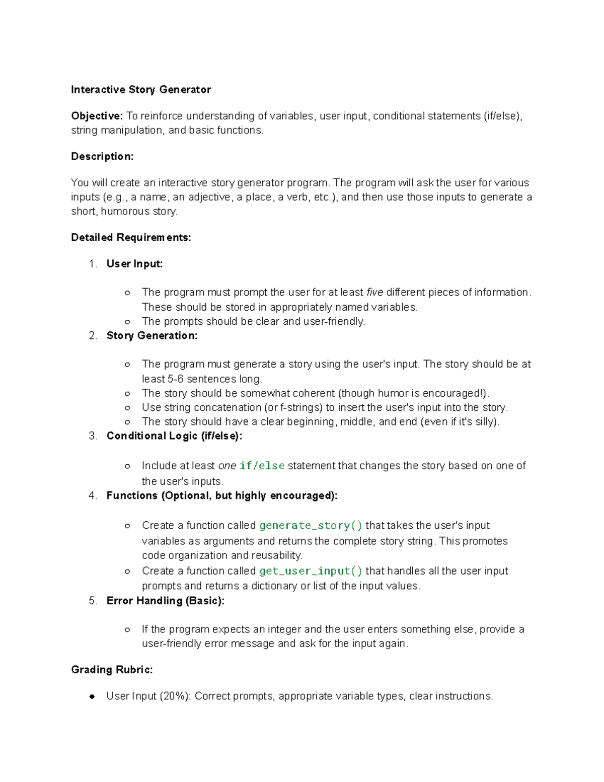Interactive Story Generator: User Input & Conditional Logic Guide - Studocu
