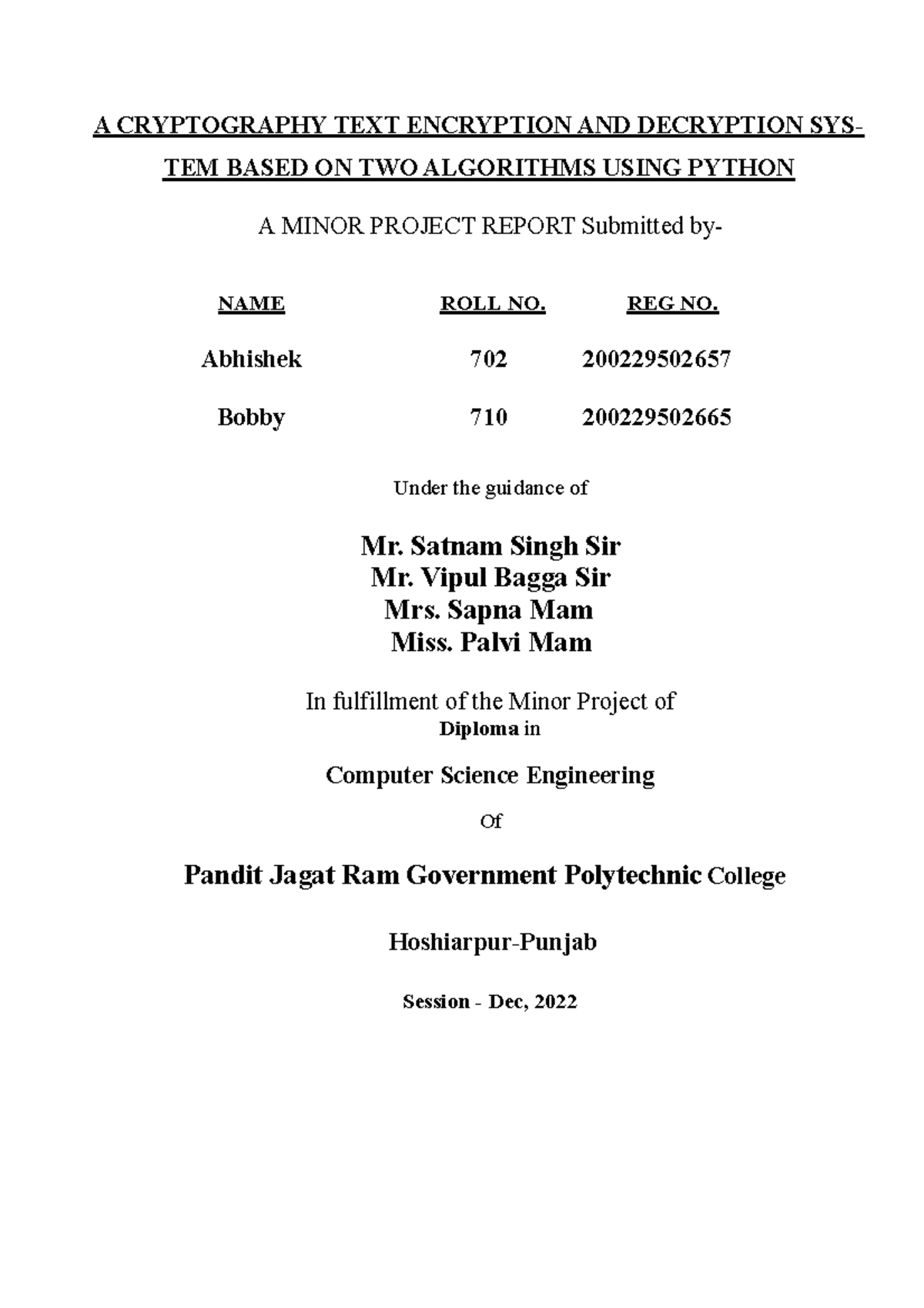CSE Minor Project Report: Cryptography Encryption & Decryption System ...