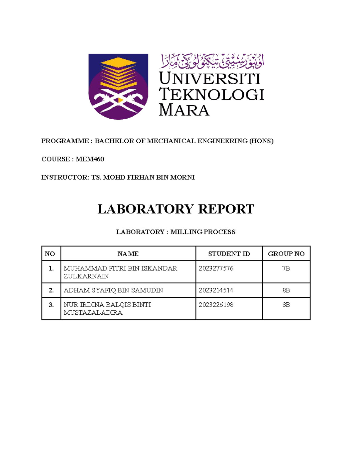 MEM460 Laboratory Report: Milling Process Experiment in Mechanical ...