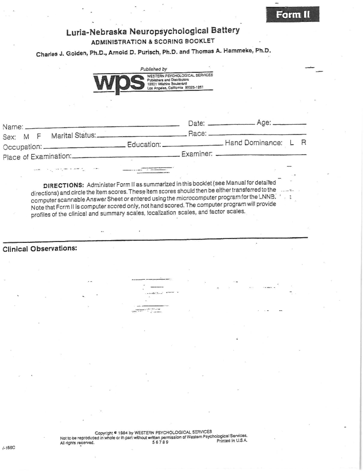 LNNB Neuropsychological Assessment Manual: Administration & Scoring ...