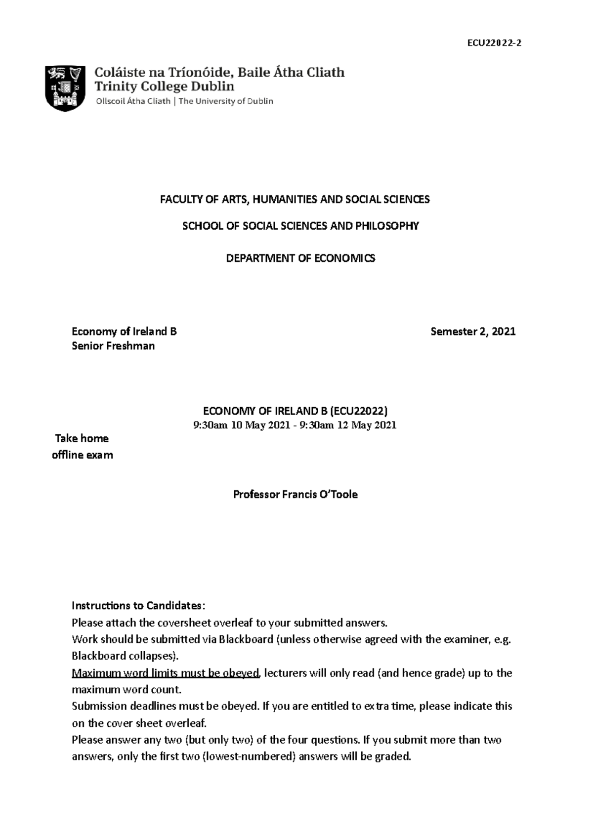 ECU22022 Sem02 Take Home Exam Script - Economy of Ireland B 2021 - Studocu