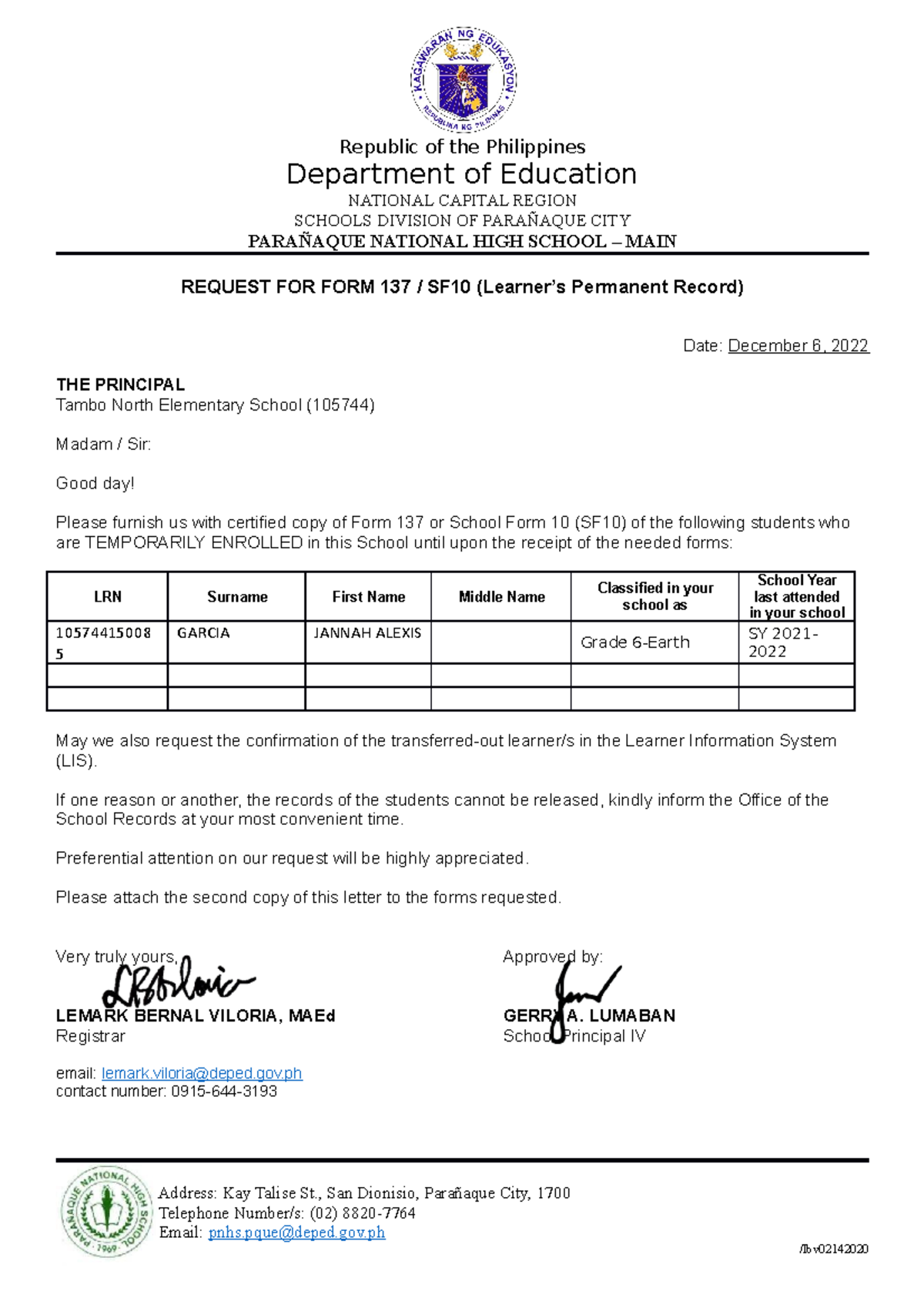 4 Request for Form 137 or SF10 - Republic of the Philippines Department ...