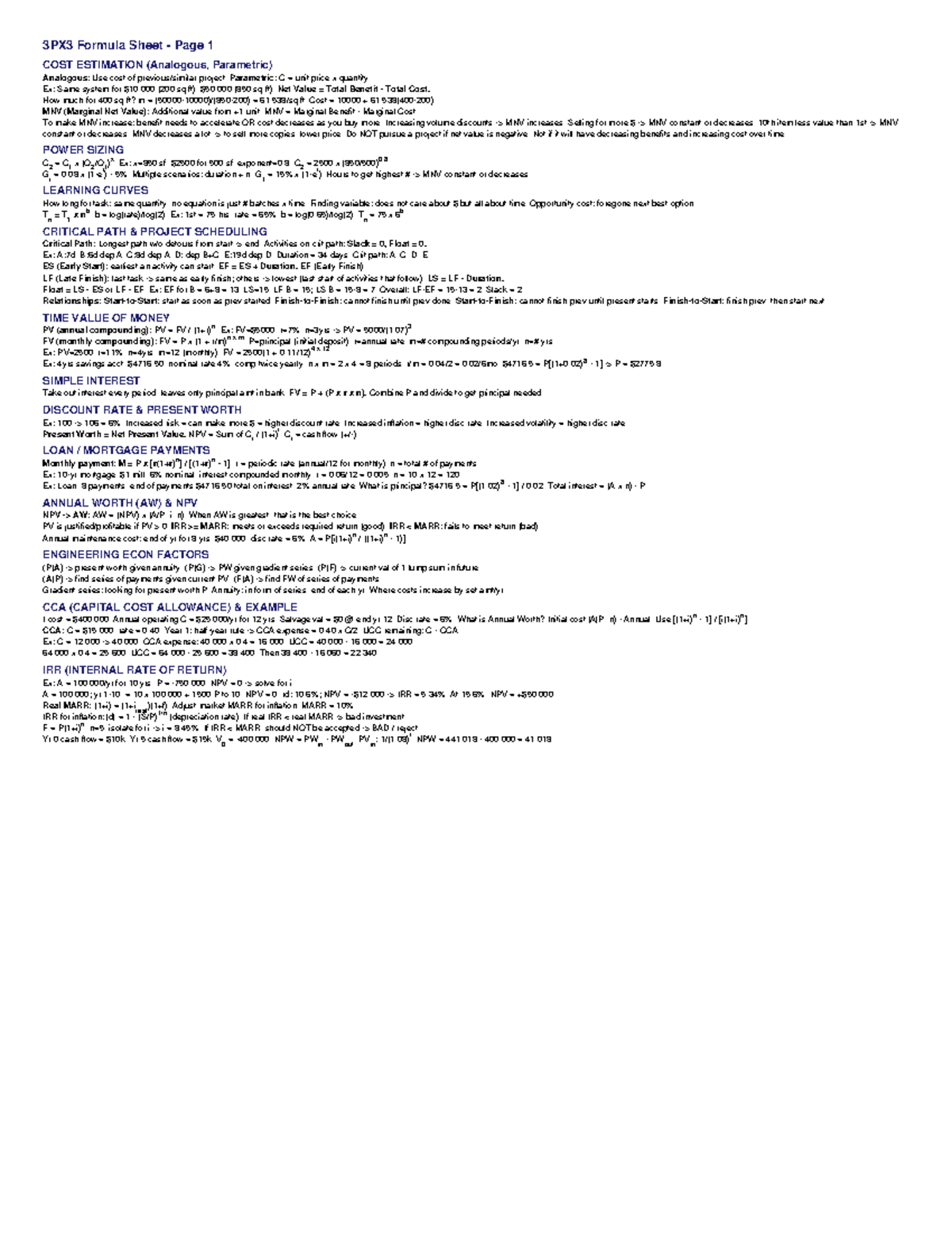 3PX3 Formula Sheet: Cost Estimation & Financial Analysis Techniques ...