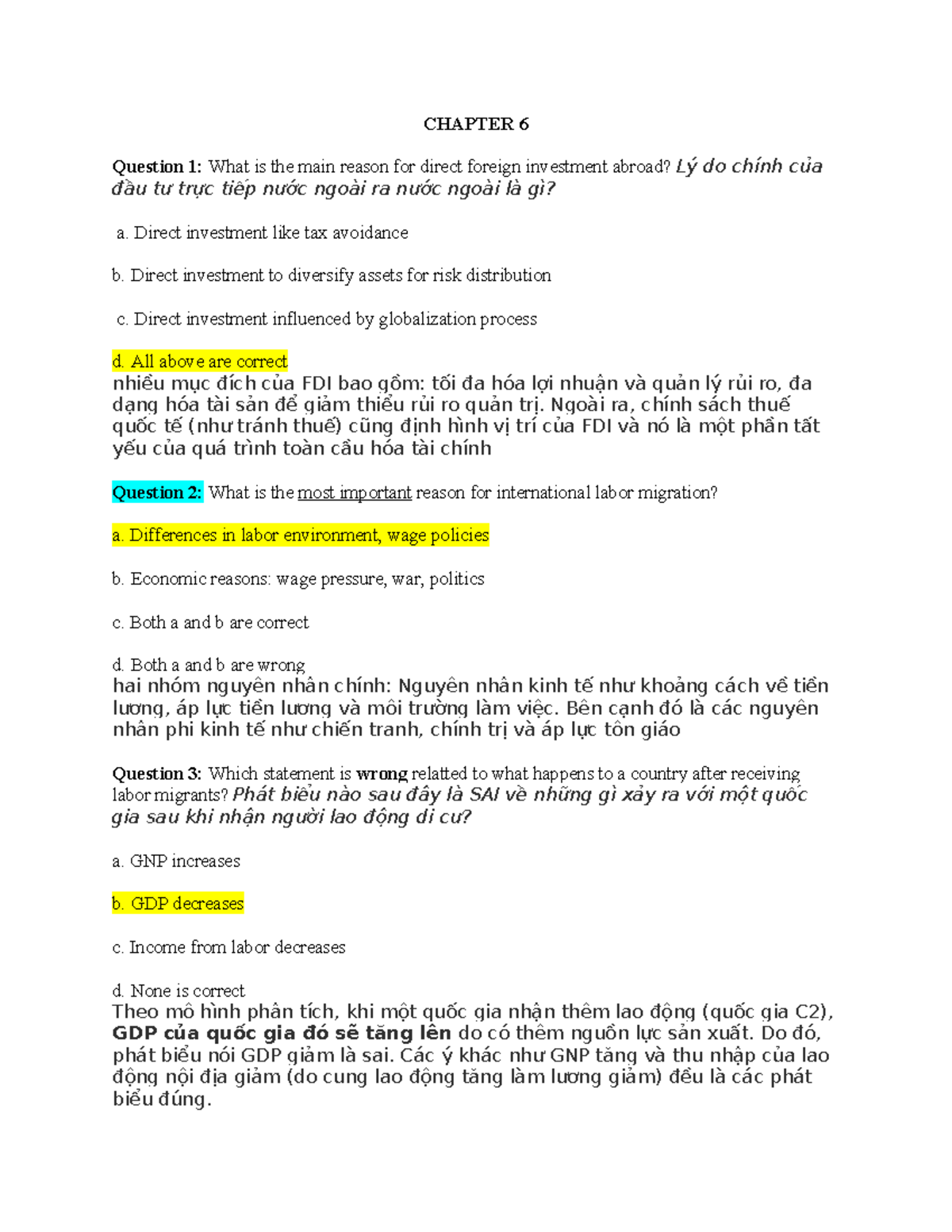 CHAPTER 6 Multiple Choice Questions on Foreign Investment and Labor ...