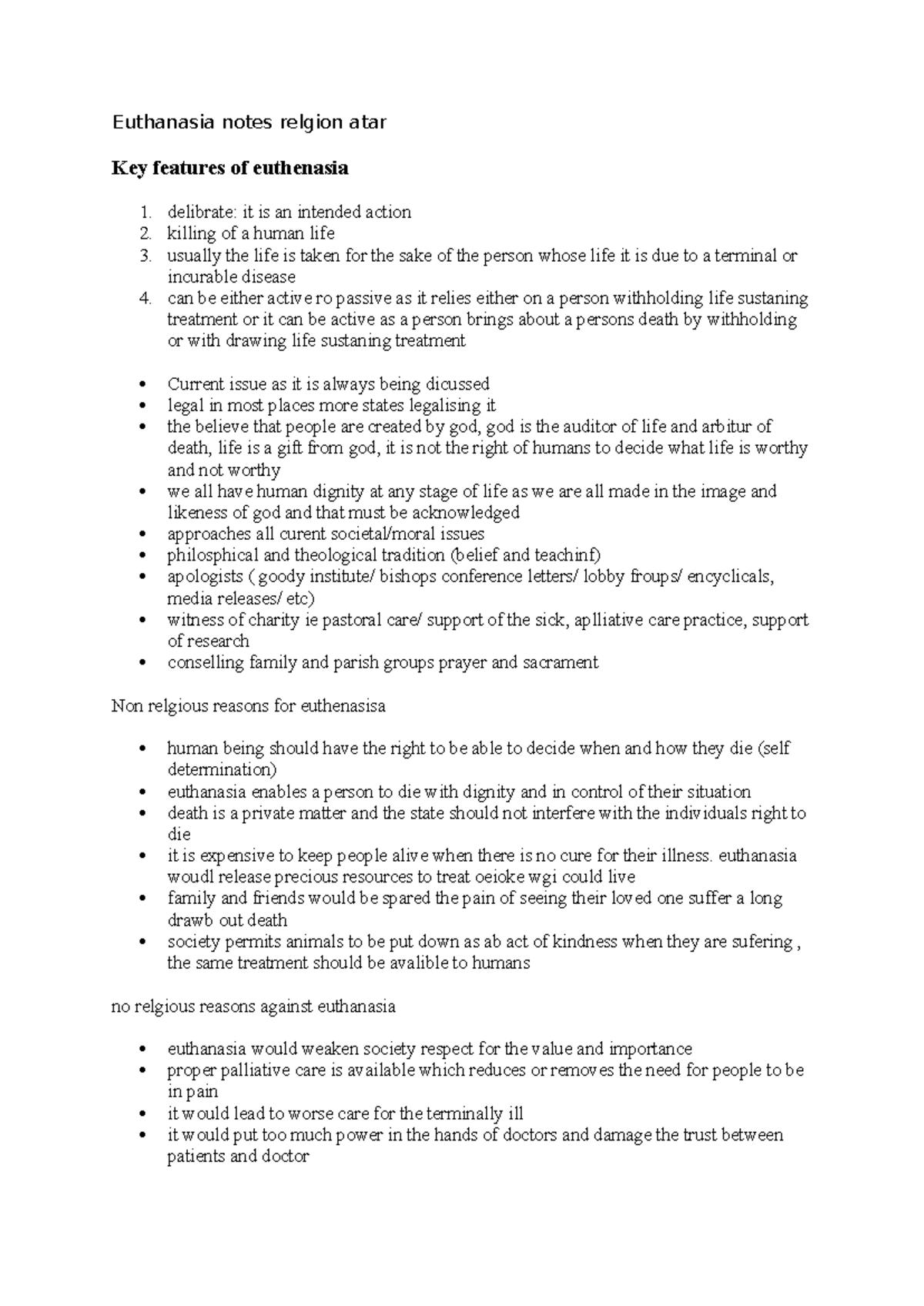 Euthanasia Notes: Key Features & Religious Perspectives (ATAR) - Studocu