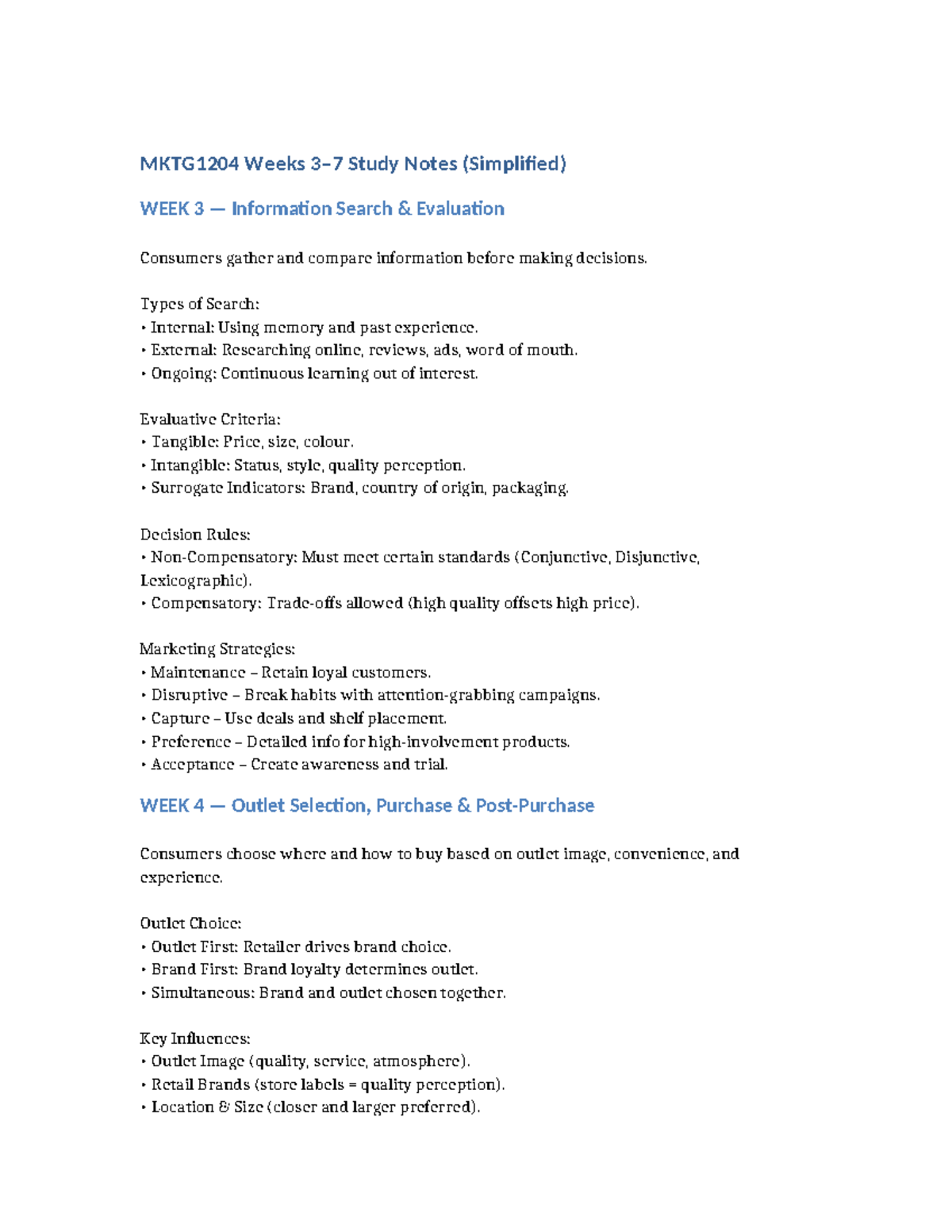 MKTG1204 Weeks 3-7 Study Notes: Consumer Behavior Insights - Studocu