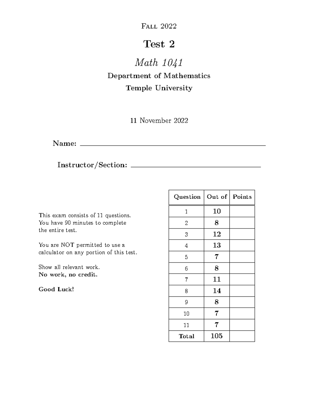 Math1041Exam2Fall2022Key - Fall 2022 Test 2 Math 1041 Department of ...
