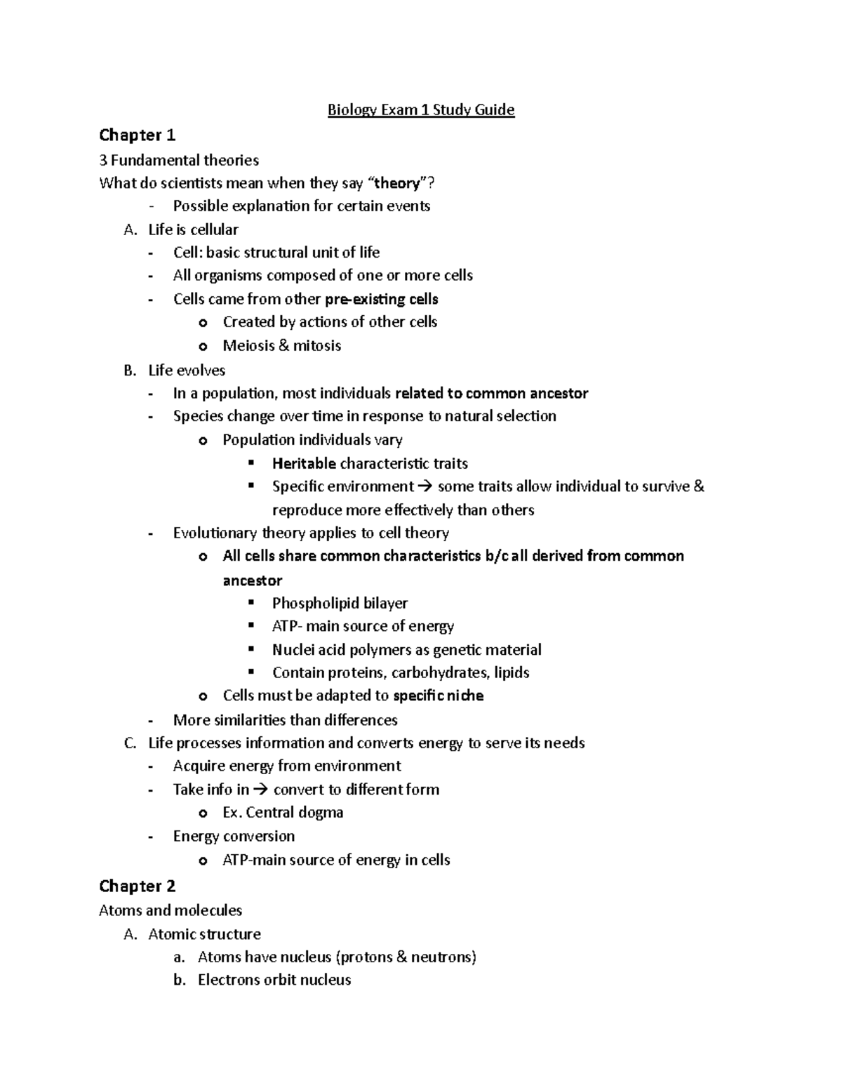 Biology 101 Exam 1 Study Guide: Key Concepts and Fundamental Theories ...