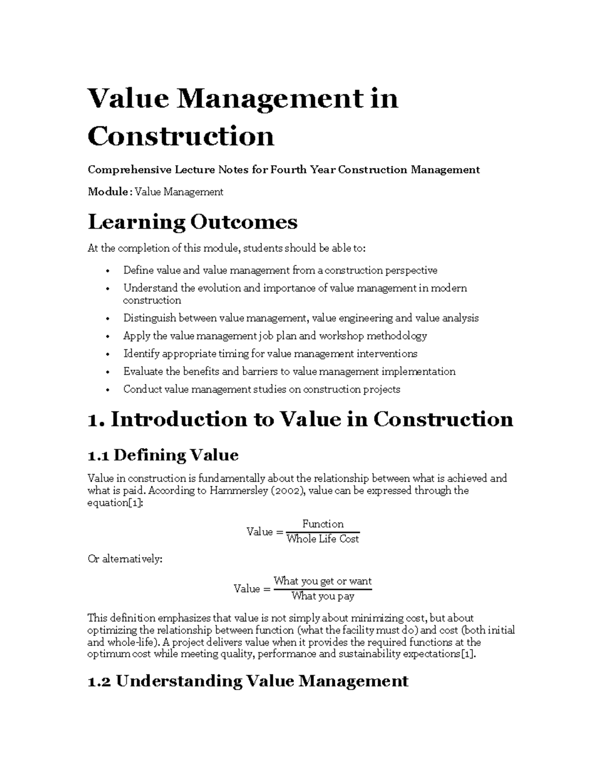 Value Management in Construction: Lecture Notes - Studocu