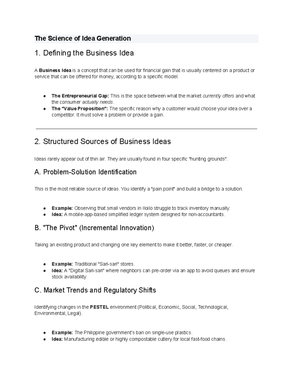 Pr Elec-1: Exploring Business Idea Generation and Screening Processes ...