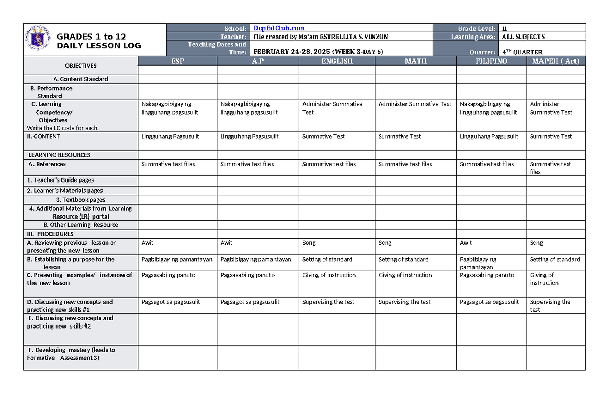 DLL ALL Subjects 2 Q4 W3 D5 - GRADES 1 to 12 DAILY LESSON LOG School ...