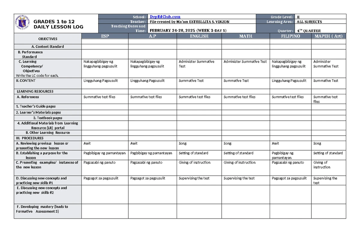 Grade 5 DLL MATH 5 Q4 Week 6 - GRADES 1 to 12 DAILY LESSON LOG School ...