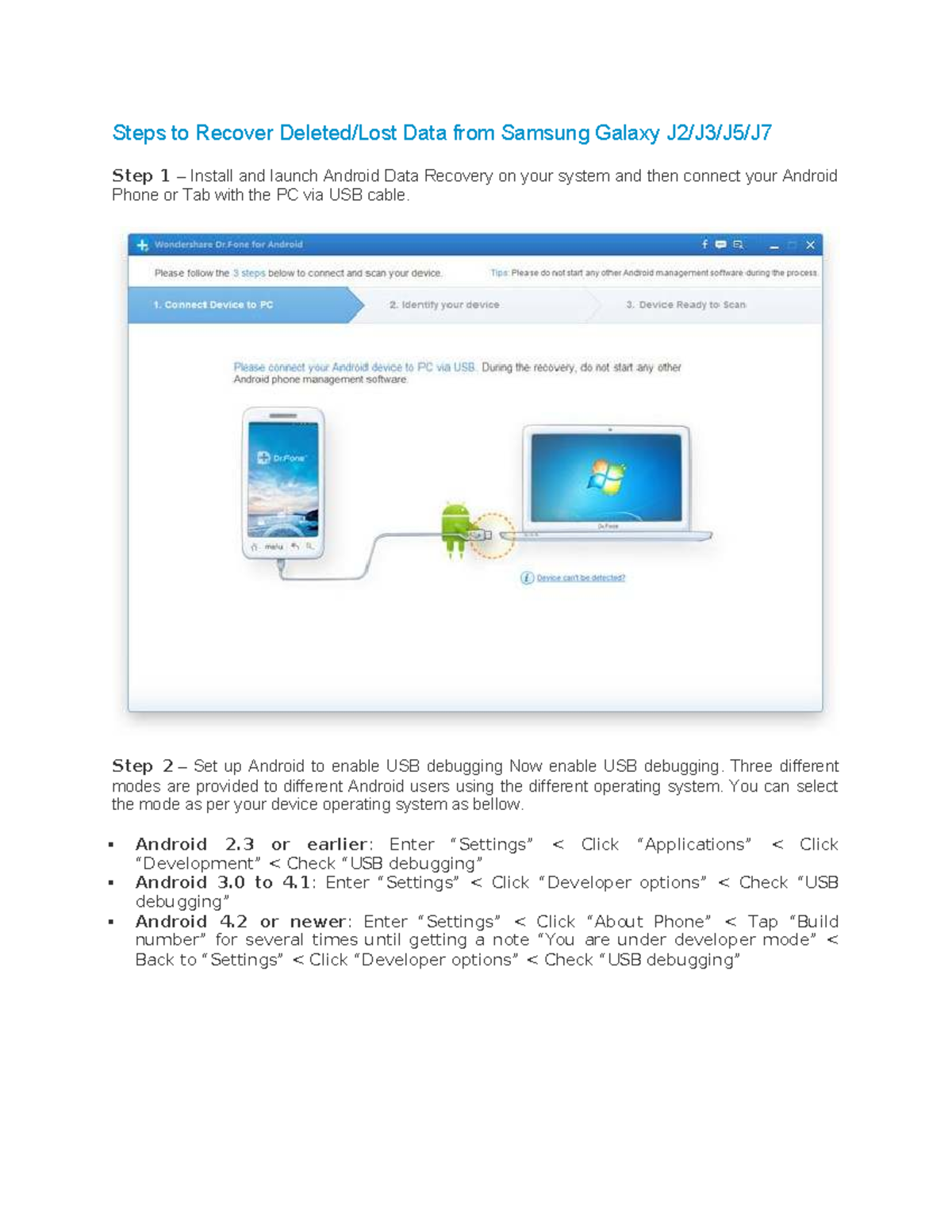 Steps to Recover Deleted - Step 2 – Set up Android to enable USB ...