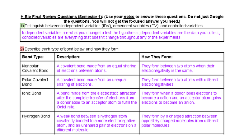 Biology H Bio Final Exam Review Questions - 2025 - Studocu