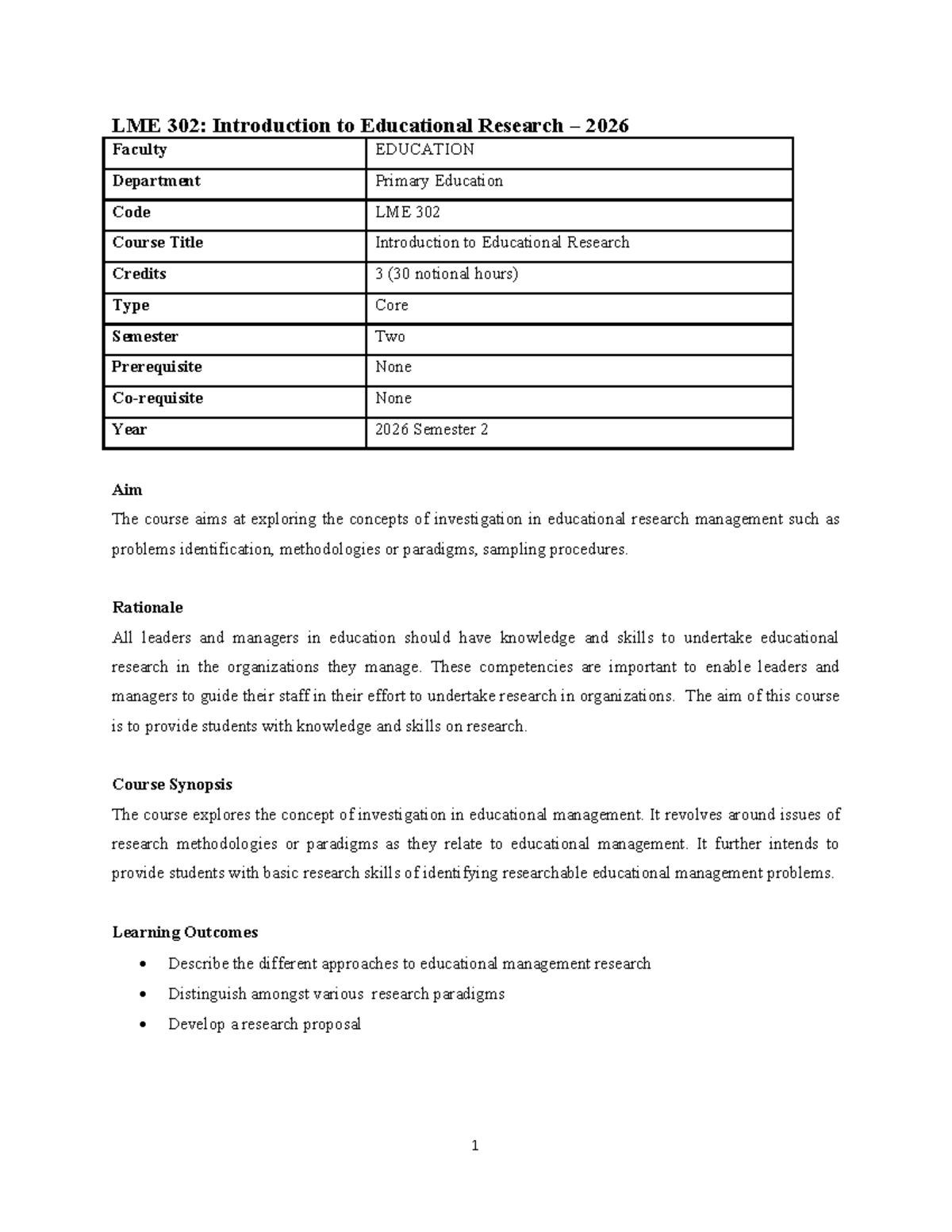 LME 302: Course Outline for Introduction to Educational Research 2026 ...