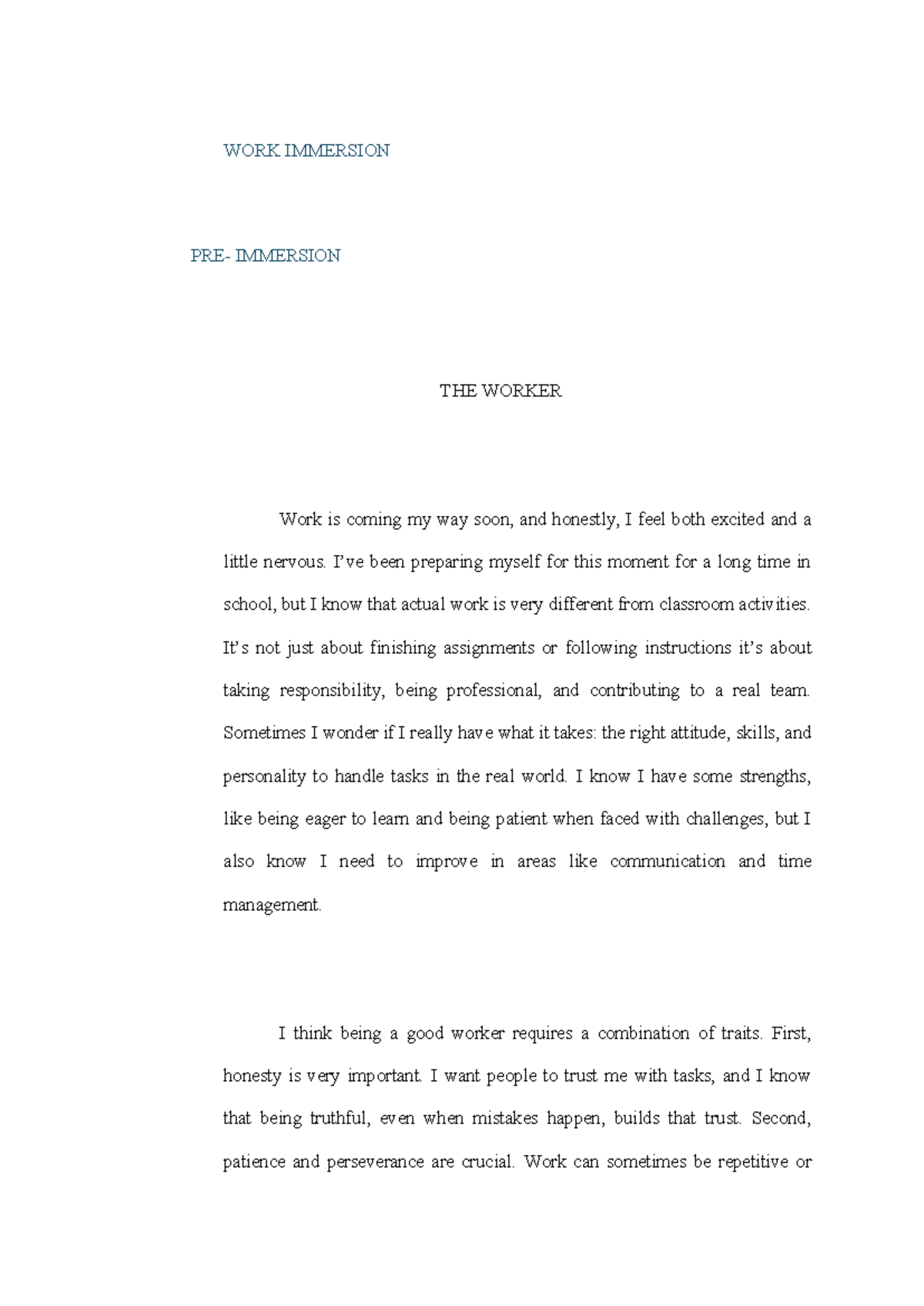 WORK IMMERSION REFLECTION: PREPARING FOR THE WORKPLACE - Studocu