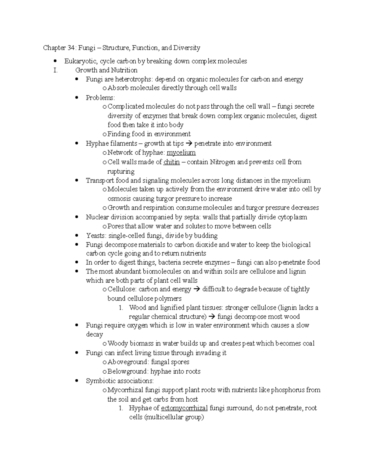 Biology Notes for Exam 4-2 - Chapter 34: Fungi Structure, Function, and ...