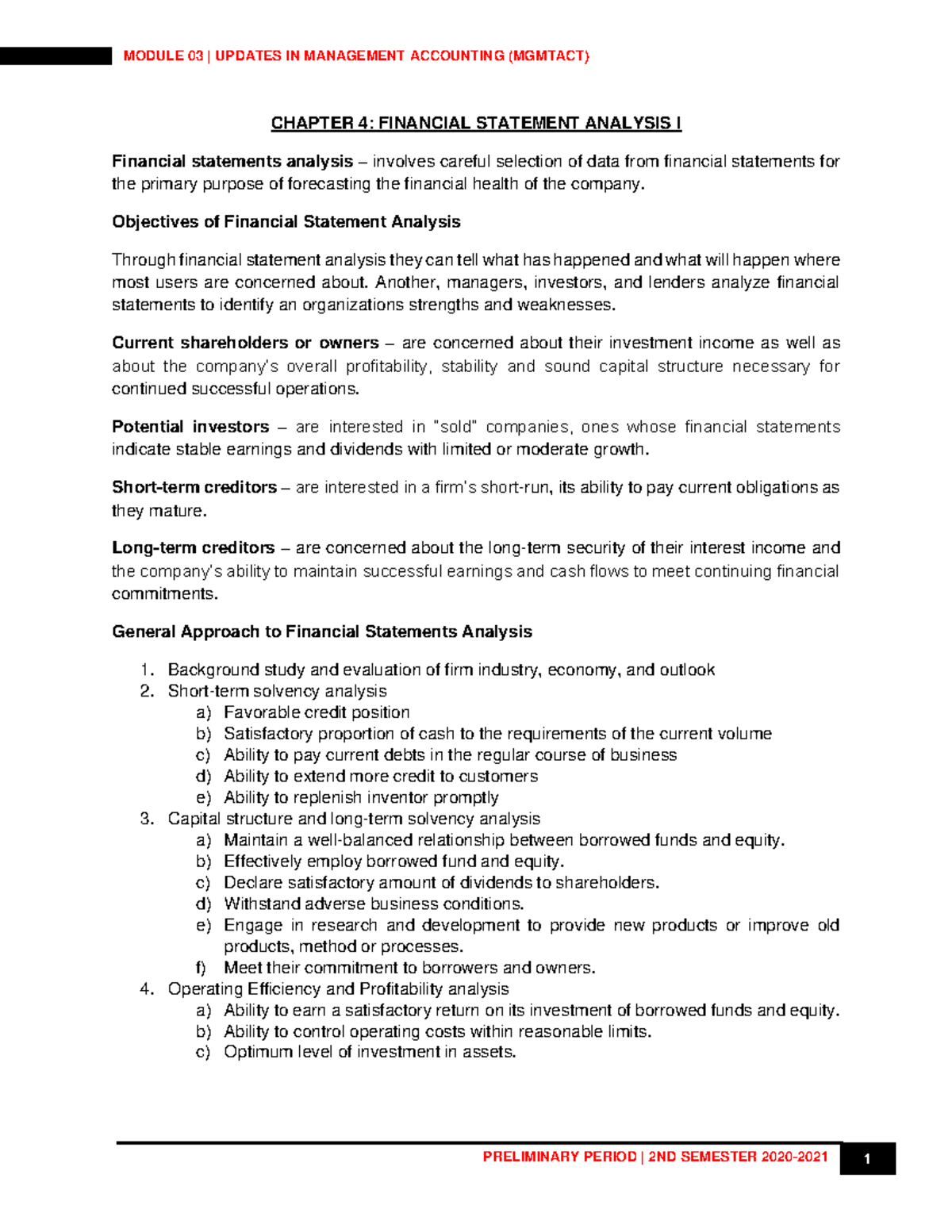 Module 03 Financial Statement Analysis: Chapters 4 & 5 Overview - Studocu