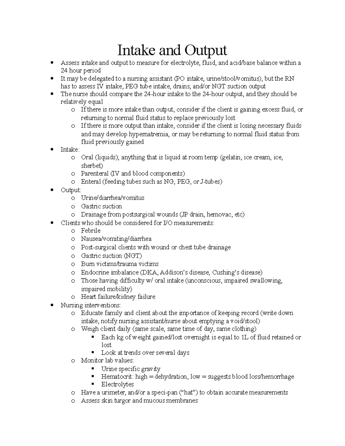 Intake and Output - Lecture notes from CPL - Intake and Output Assess ...