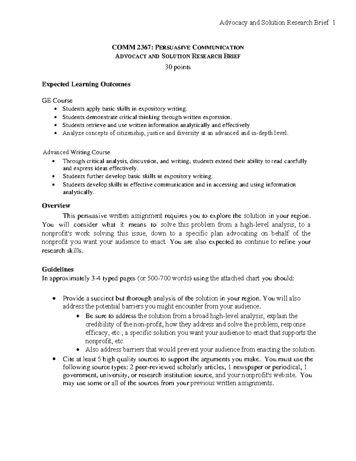 Advocacy & Solution Research Brief 1 - COMM 2367: Persuasive ...