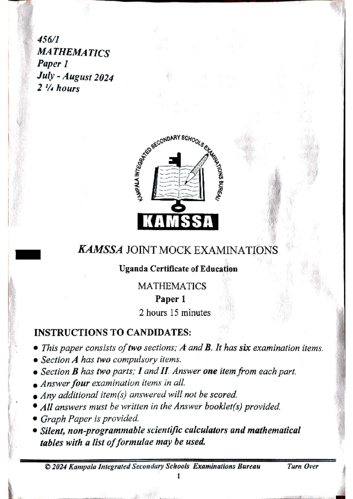 KAMSSA S.4 MOCK EXAM MATHEMATICS PAPER 1 JULY-AUG 2024 - Studocu