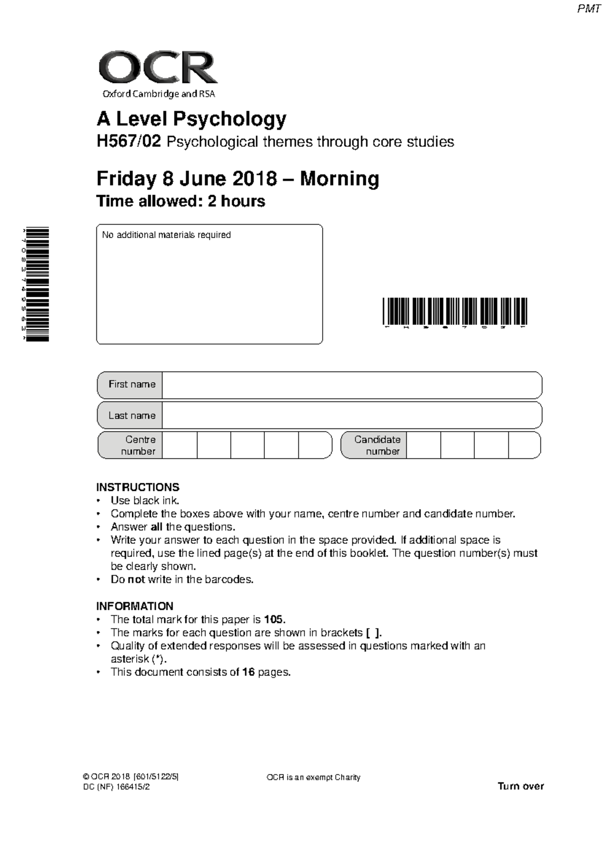 June 2018 A Level Psychology Paper 2 - Core Studies & Themes - Studocu