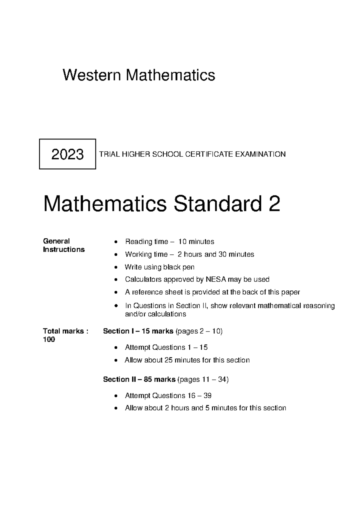 Math Reference Sheet Hsc
