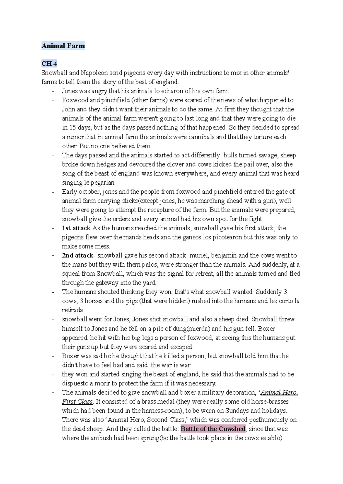 Animal Farm CH 4-5: The Battle of the Cowshed and Windmill Debate - Studocu