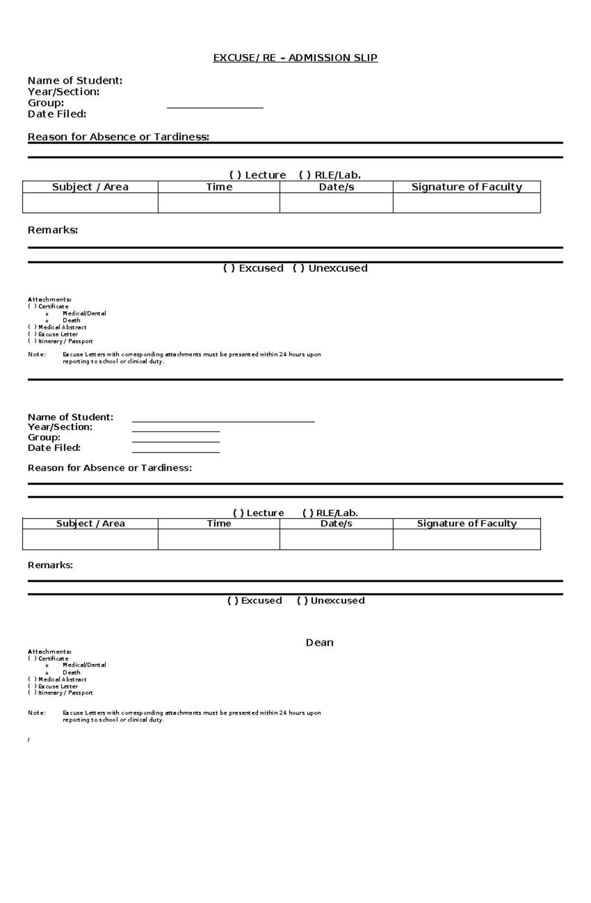for premium access - EXCUSE/ RE – ADMISSION SLIP Name of Student: Year ...