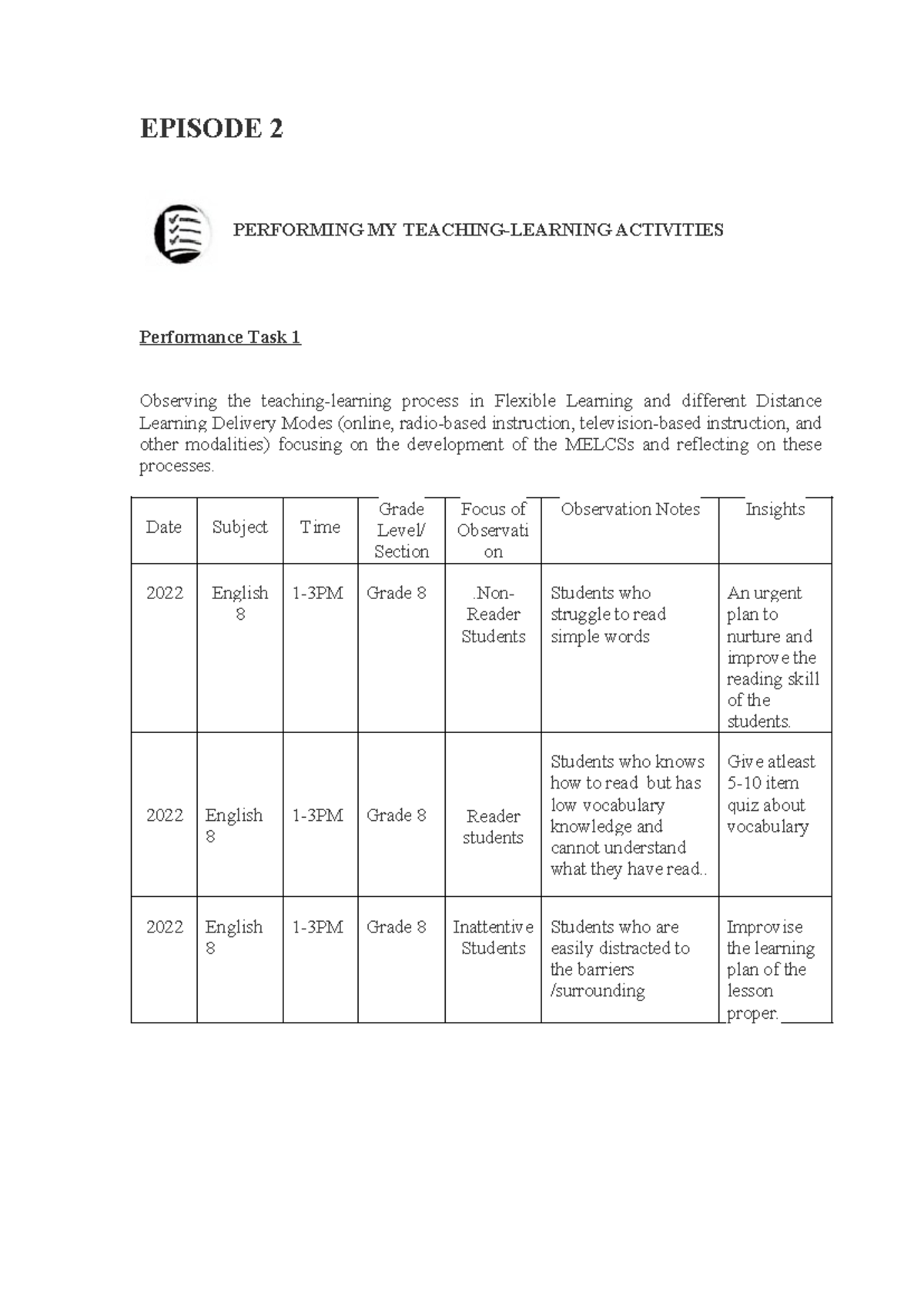 Episode 2 - EPISODE 2 PERFORMING MY TEACHING-LEARNING ACTIVITIES ...
