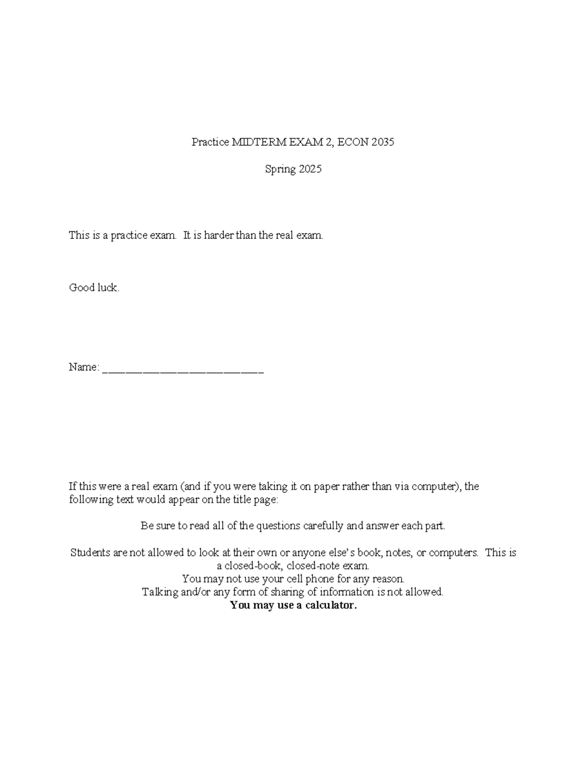 Practice Midterm Exam 2 for ECON 2035 - Spring 2025 - Studocu