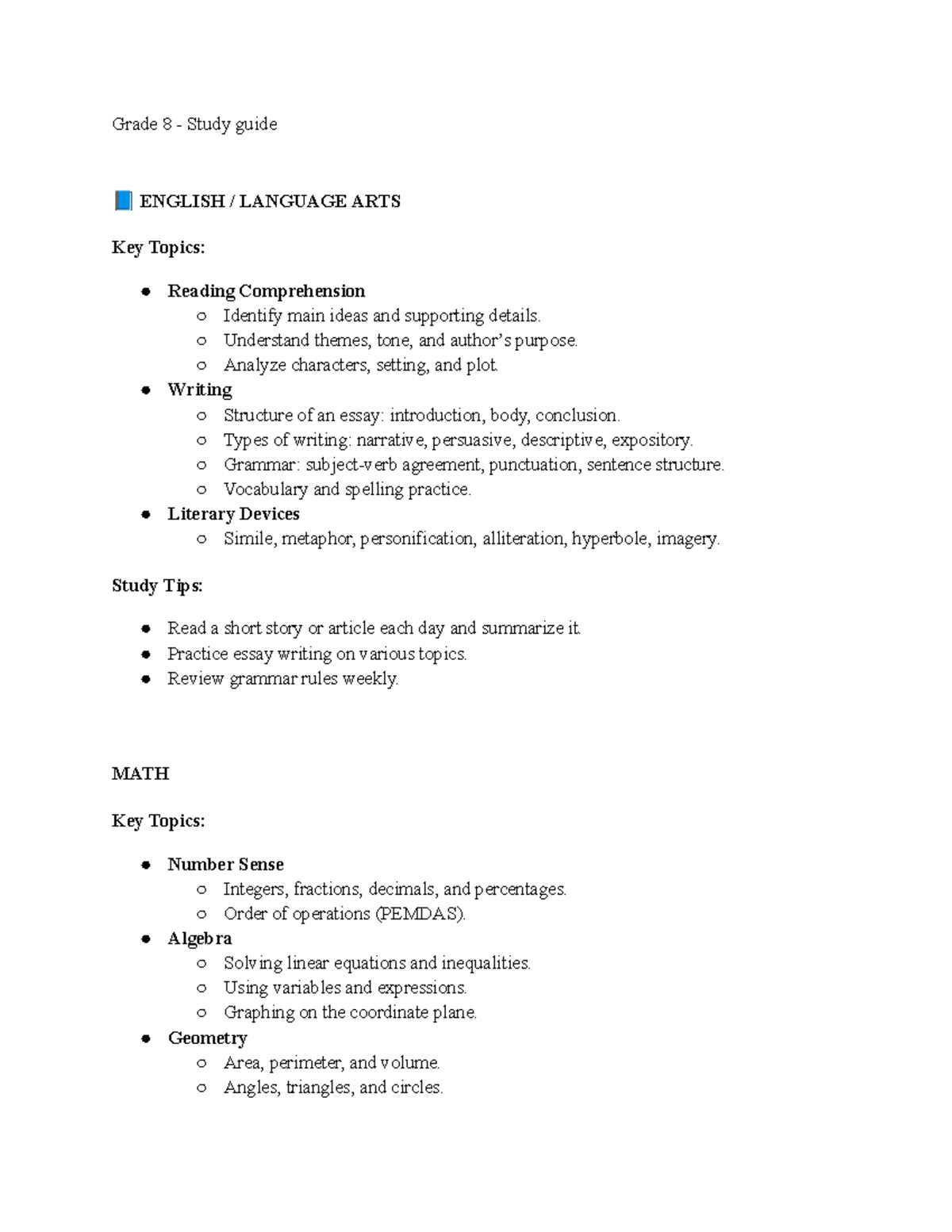 Grade 8 Study Guide: Key Topics in ELA, Math, Science & Social Studies ...