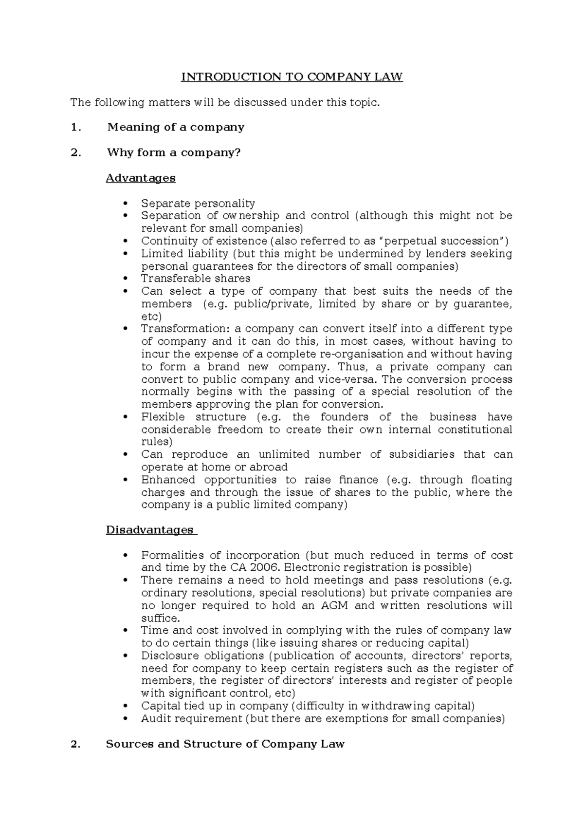Company Law Handout: Key Concepts and Corporate Personality - Studocu