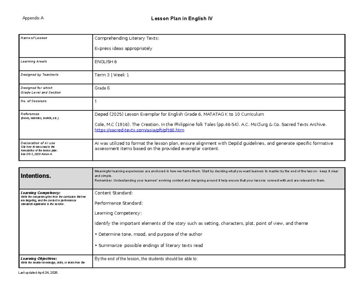 Lesson Plan for English IV: Comprehending Literary Texts (Grade 6 ...