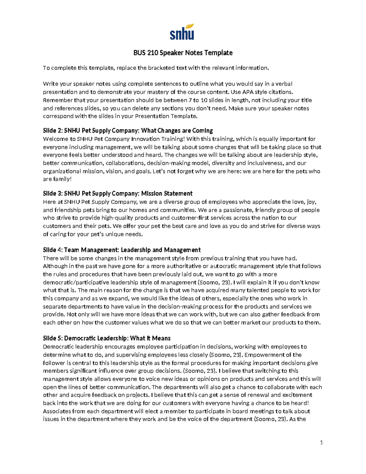 BUS 210 Module 7 Speaker Notes: SNHU Pet Supply Innovations - Studocu