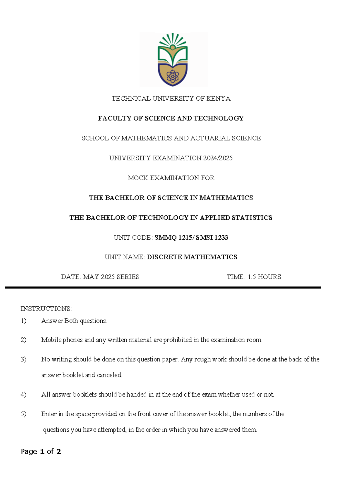 SMMQ SMSI 1233 Mock Exam for Discrete Mathematics - May 2025 - Studocu