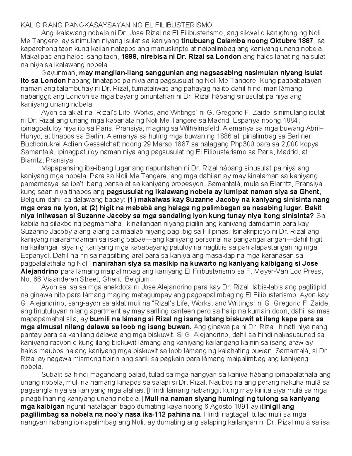Kaligirang Pangkasaysayan ng El Filibusterismo: Isang Pagsusuri - Studocu