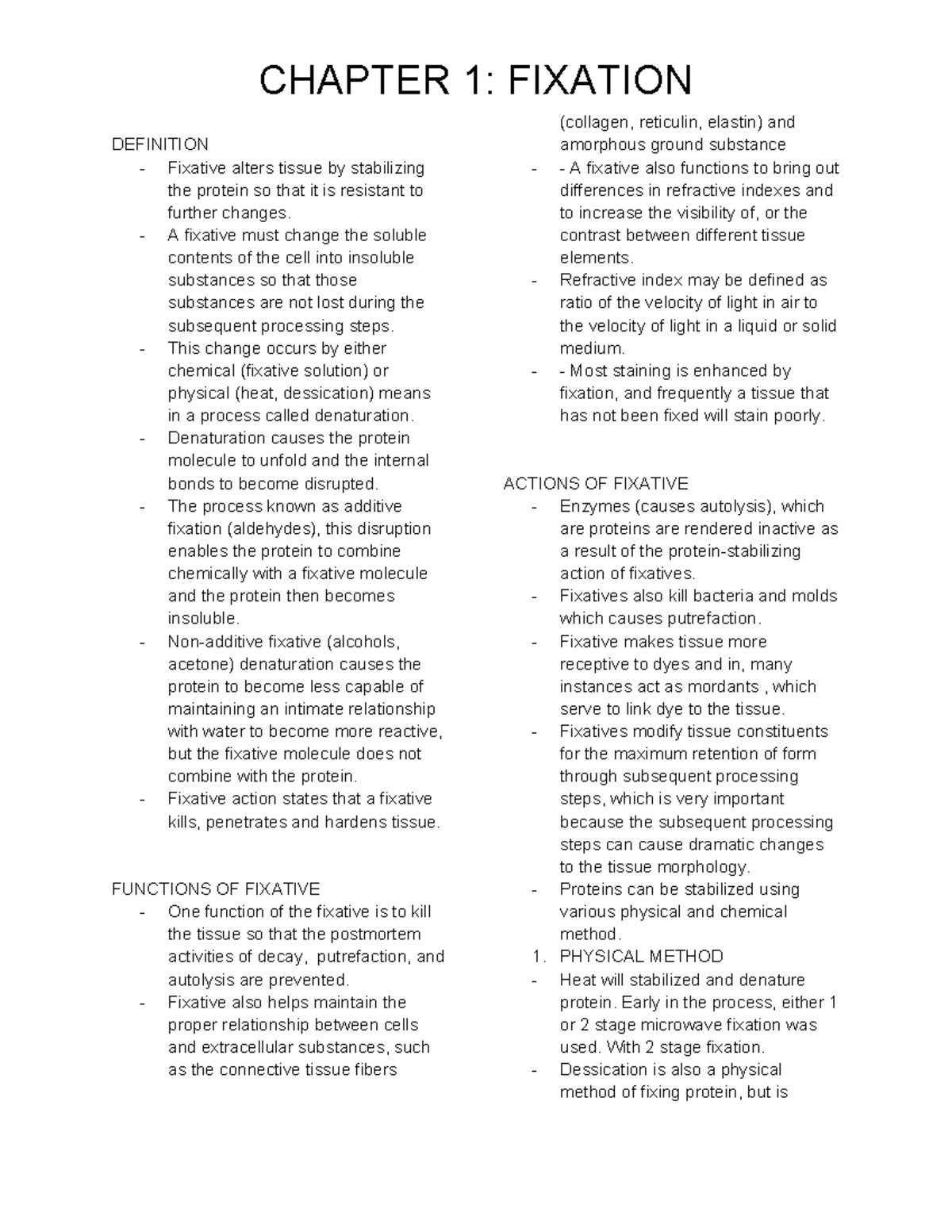 CHAPTER 1: FIXATION DEFINITION AND FUNCTIONS - HISTOPATH 101 - Studocu
