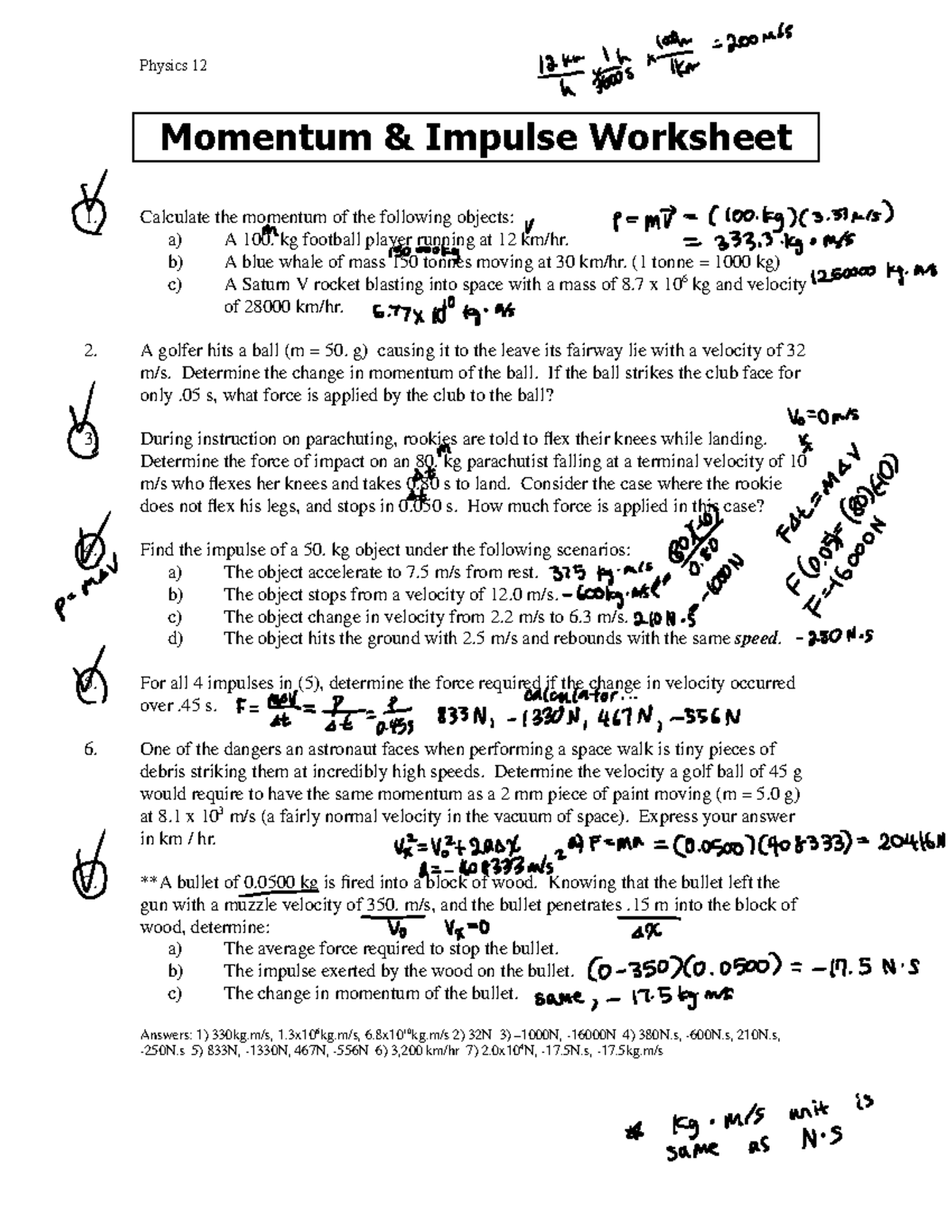 Physics 12 Momentum-Impulse Worksheet 1: Calculations and Examples ...