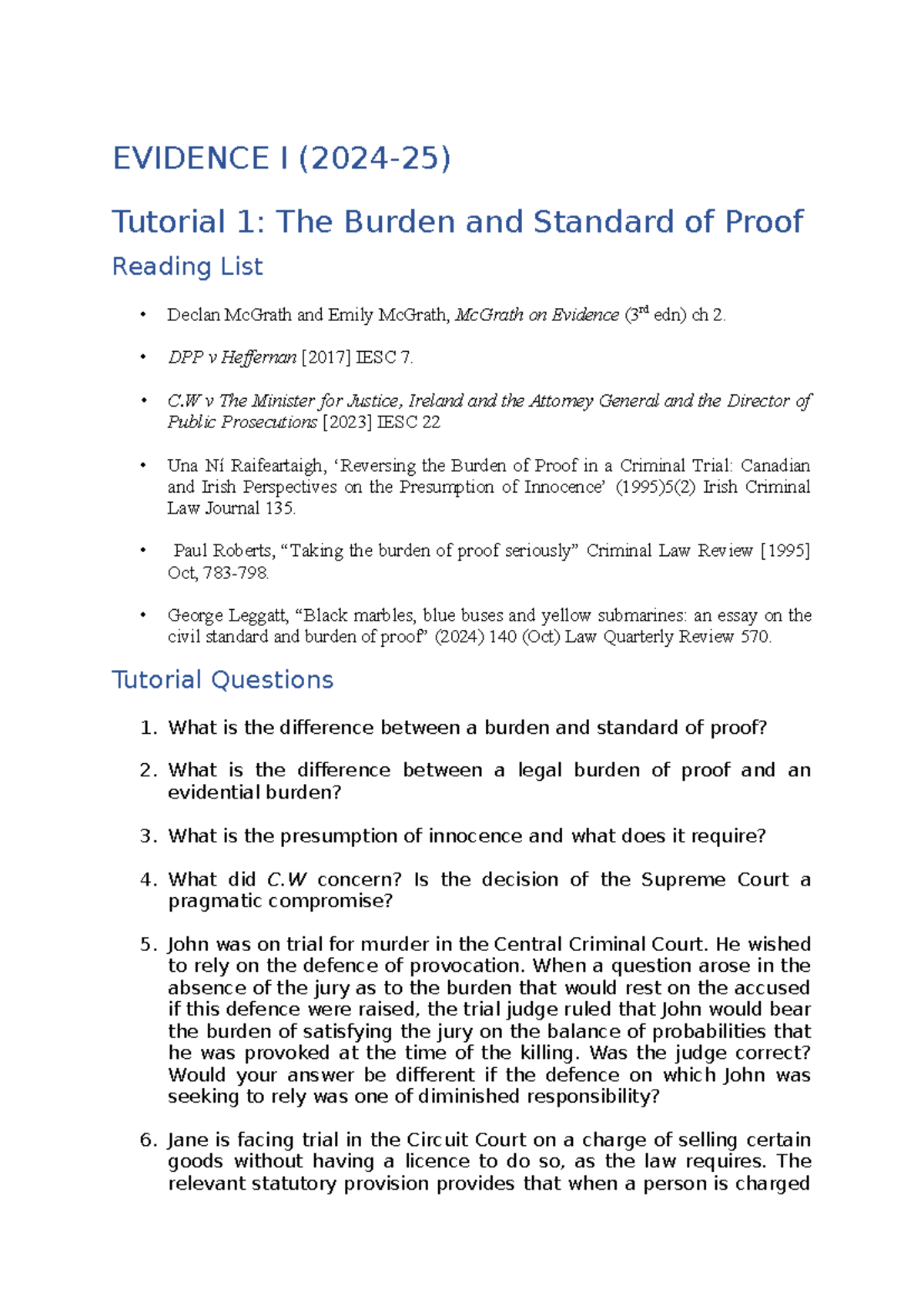 Evidence I Tutorial 1: Burden and Standard of Proof Insights (2024-25 ...