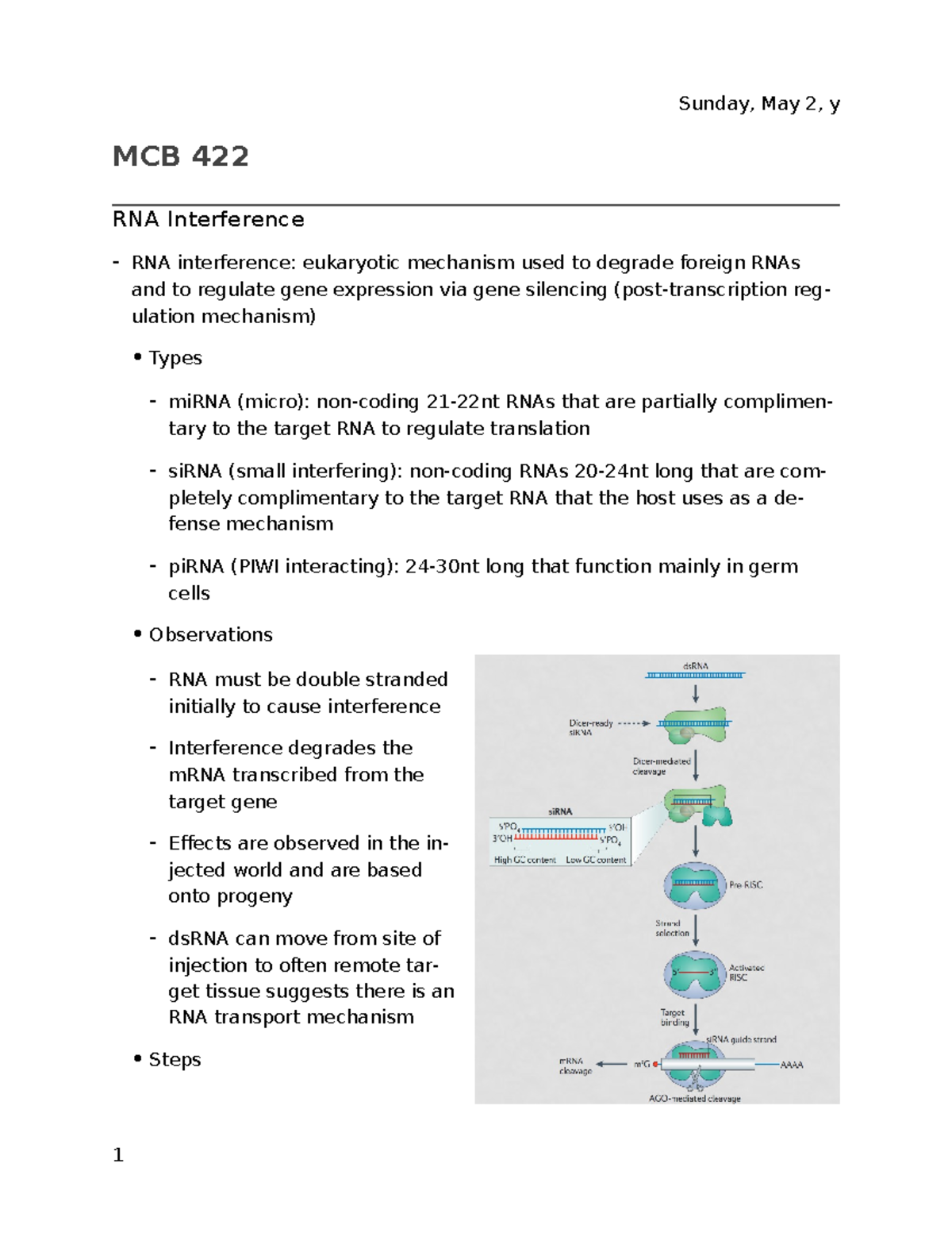 MCB 422 Lecture 16 - Overview of RNA Interference Mechanisms - Studocu