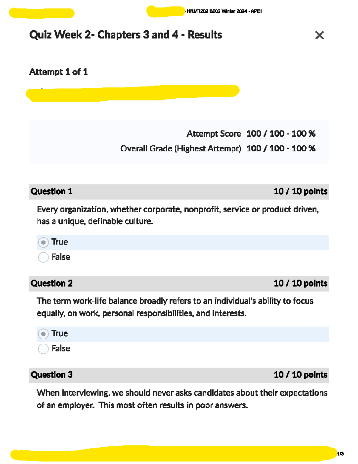 HRMT202 Quiz Week 2 - Chapter 3 & 4 Results Summary - Studocu
