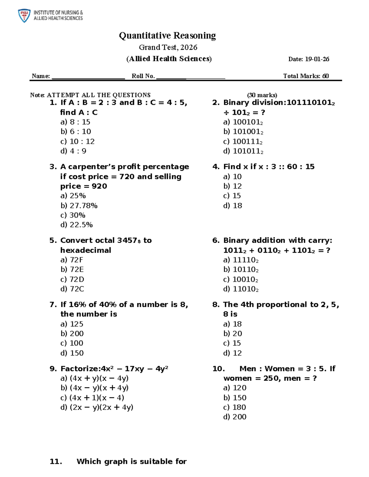 Quantitative Reasoning Grand Test (Allied Health Sciences) 2026 - Studocu