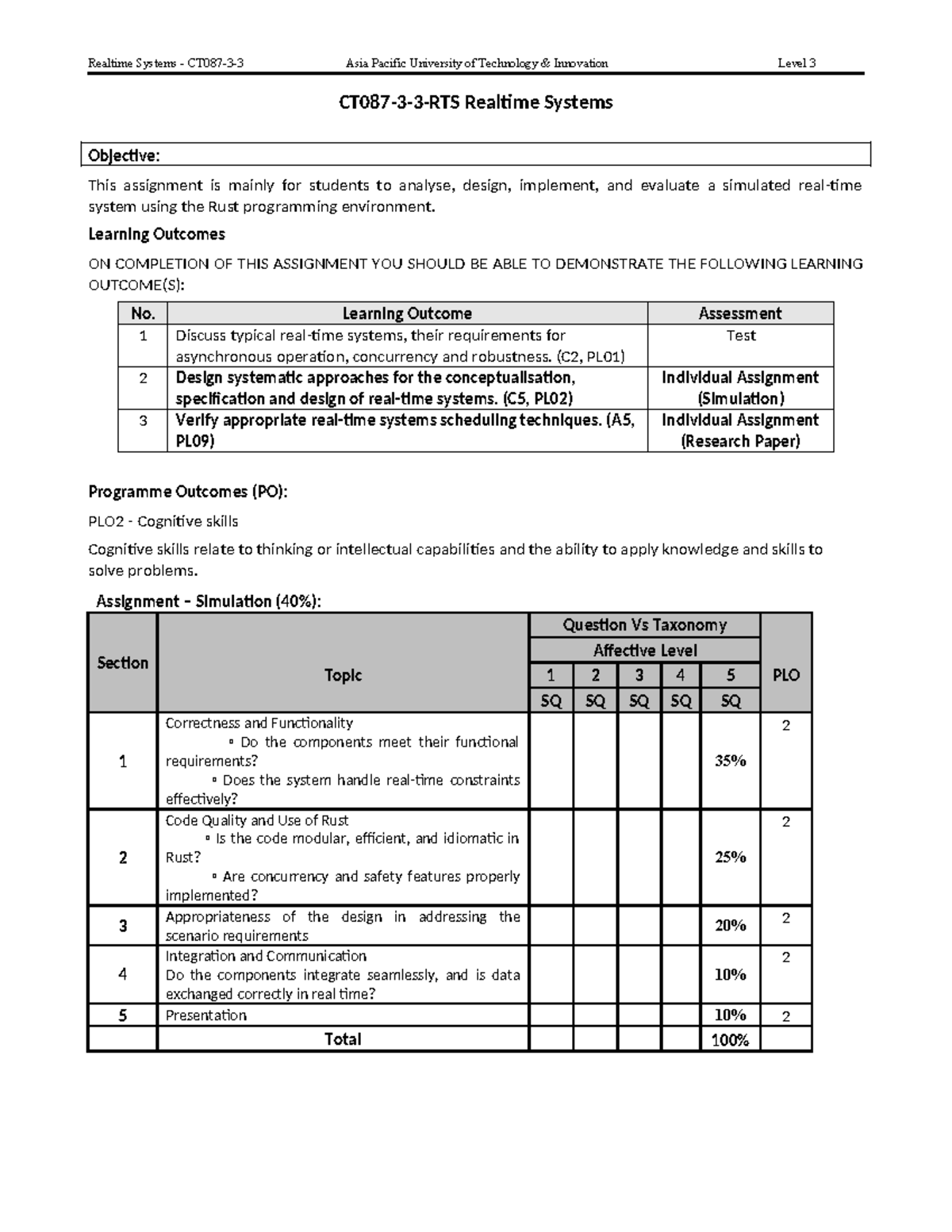 Realtime systems assignment brief for RTS2502: Simulation project ...